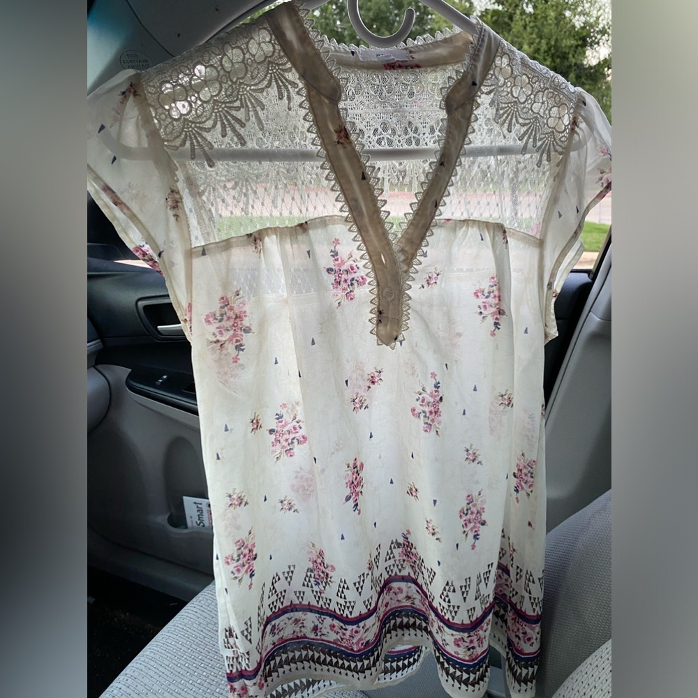 Sheer lace floral, geometric pattern blouse